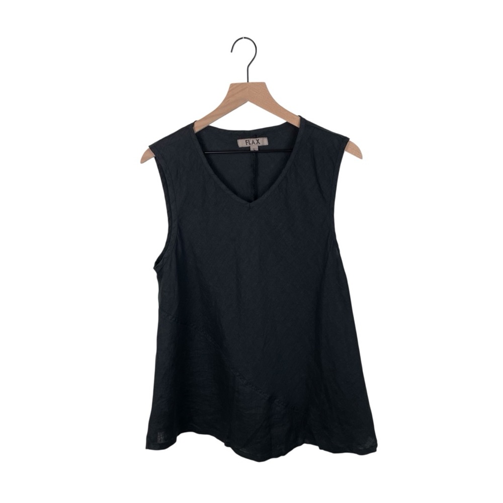 FLAX Linen V-neck Tunic Tank Top Women's Size Large Solid Black Lagenlook Summer